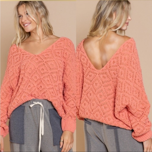 POL Vibrant Coral Off-Shoulder Sweater with Elegant Dolman Sleeves - Picture 2 of 5